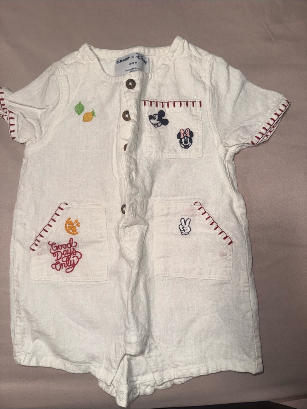 Old Navy White Baby Romper with Red Stitching and Character Embroidery